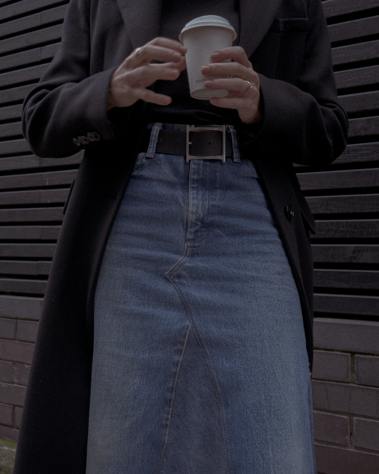 Denim midi skirt with overcoat
