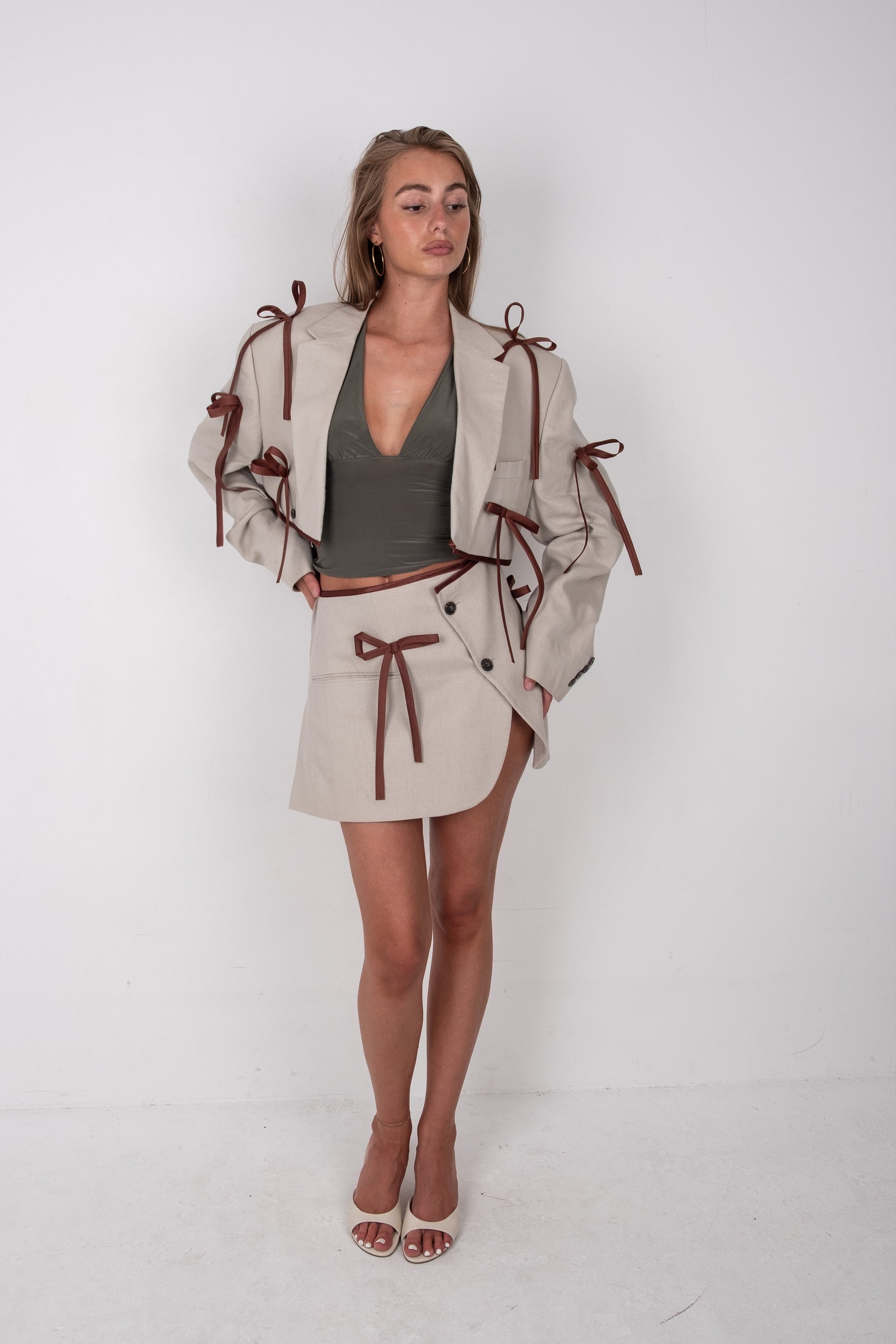 Reworked Blazer Set - Beige with Bows