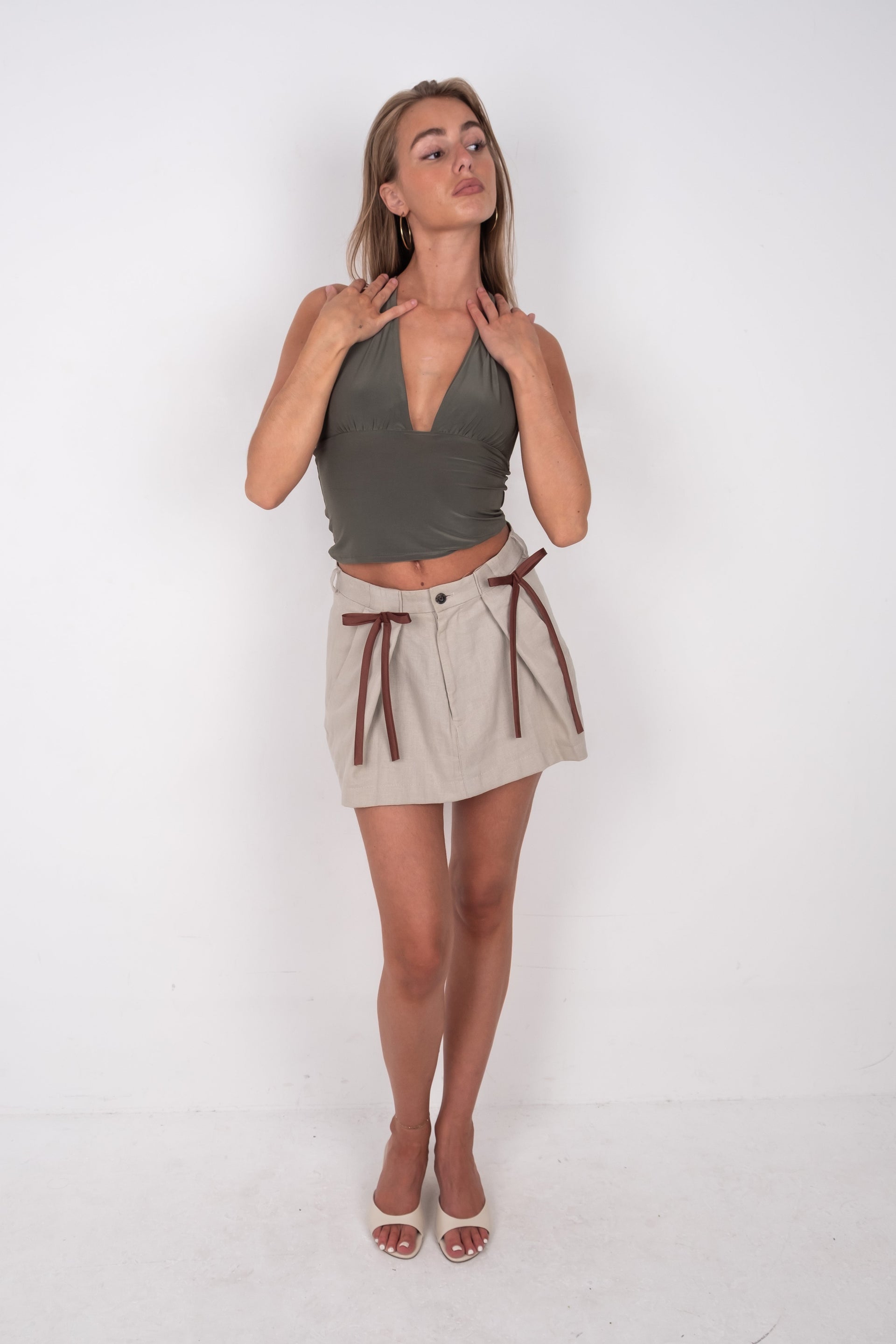 Reworked Mini Trouser Skirt - Beige with Bows